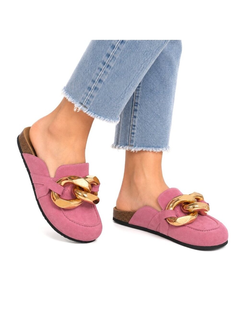 JW Anderson Mules Womens 10 Pink Suede Gold Chunky Chain Loafers Avant Garde